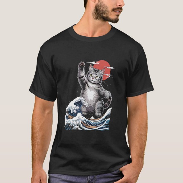 Catzilla Great Wave Mashup Illustration Long Sleev T-Shirt (Front)