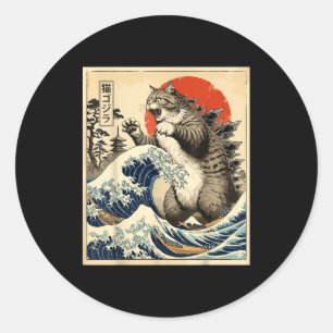Catzilla Japanese Art Cat Lover Graphic Print Men Classic Round Sticker
