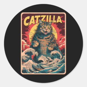 Catzilla Japanese Art Funny Cat Vintage Graphic Classic Round Sticker