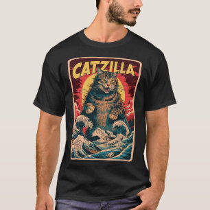 Catzilla Japanese Art Funny Cat Vintage Graphic  T-Shirt