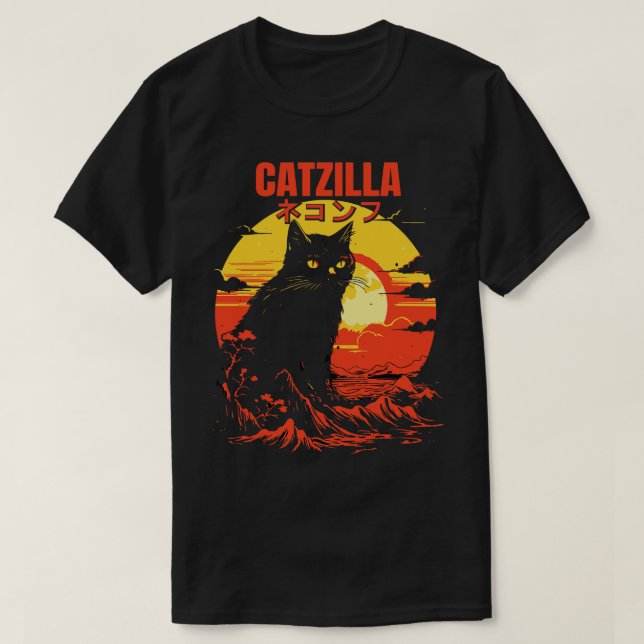 Catzilla Japanese Kanji Retro Mountain Sunset Cat  T-Shirt (Design Front)