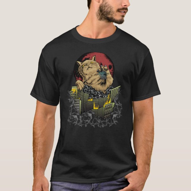 Catzilla Japanese Sunset Funny Monster Ginger Oran T-Shirt (Front)