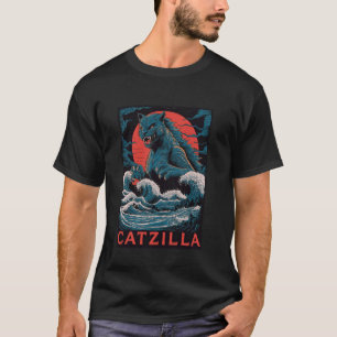 Catzilla Monster Cat Retro Japanese Great Wave Kan T-Shirt