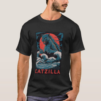 Catzilla Monster Cat Retro Japanese Great Wave Kan T-Shirt