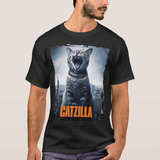 Catzilla Roaring Over City Skyline Cat Monster T-Shirt (Front)