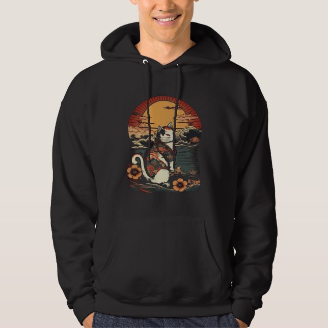 Catzilla Vintage  Cute Cat Japanese Sunset Graphic Hoodie (Front)