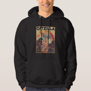 Catzilla Vintage Funny Cute Cat Art Japanese Sunse Hoodie