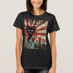 Catzilla Vintage Funny Cute Cat Art Japanese Sunse T-Shirt