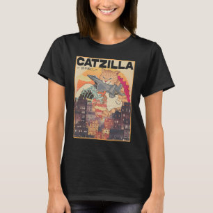 Catzilla Vintage Funny Cute Cat Art Japanese Sunse T-Shirt