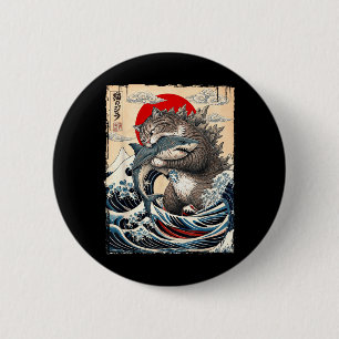 Catzilla vs Meg Japanese Great Wave Art Funny 6 Cm Round Badge