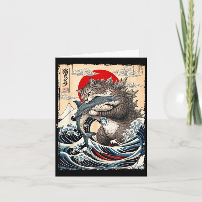 Catzilla vs Meg Japanese Great Wave Art Funny Card (Front)