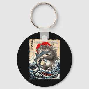 Catzilla vs Meg Japanese Great Wave Art Funny Key Ring