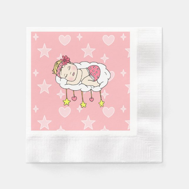 Caucasian Baby Sleeping on Cloud Stars Pink Napkin (Front)