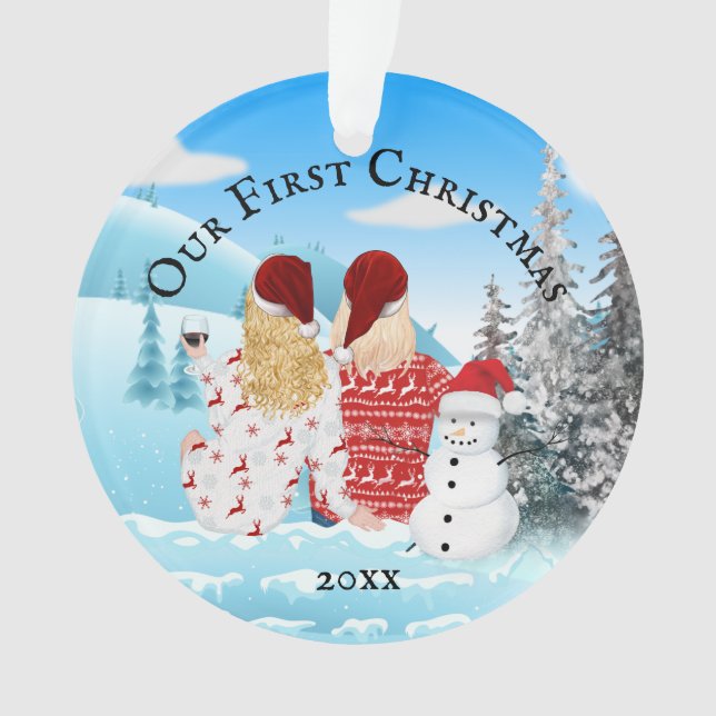 Caucasian lesbian couple winter snowman photo ornament (Front)