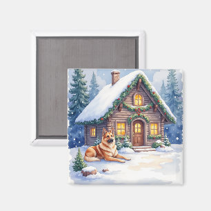 Caucasian Shepherd Dog Mountain Cabin Christmas Magnet