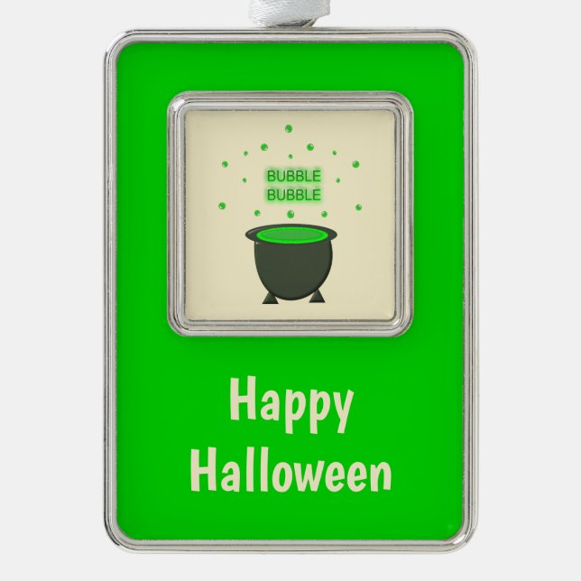 Cauldron and Bubbling Green Brew Halloween Custom Silver Plated Framed Ornament (Front)
