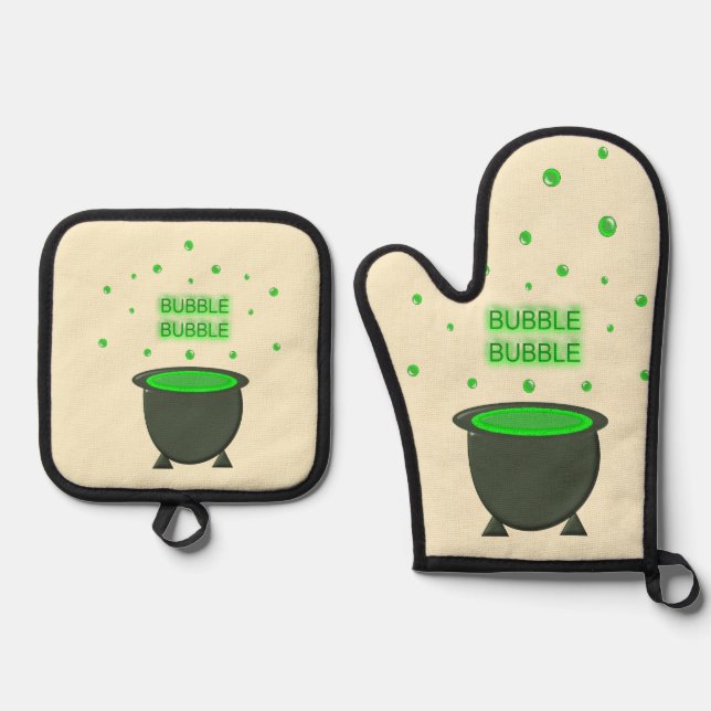 Cauldron and Bubbling Green Brew Halloween Oven Mitt & Pot Holder Set (Front)