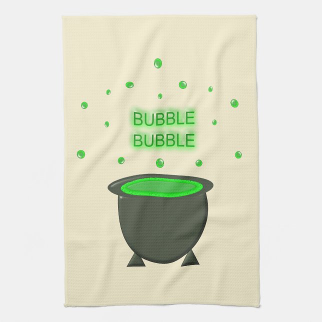 Cauldron and Bubbling Green Brew Halloween Tea Towel (Vertical)