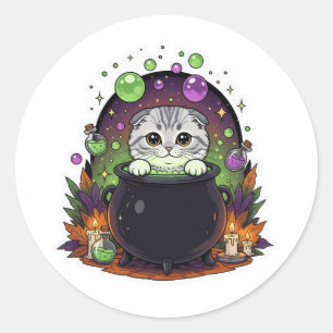 Cauldron Fold – Cute Scottish Fold Witch Halloween Classic Round Sticker