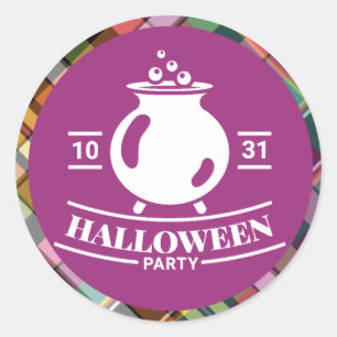 Cauldron Halloween Party Colourful Plaid Classic Round Sticker