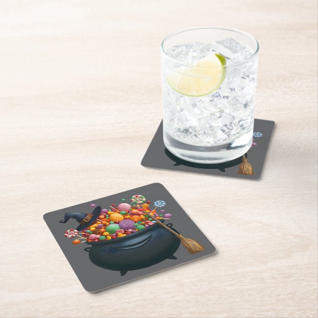 Cauldron Of Giggle & Gummies Square Paper Coaster (Insitu)