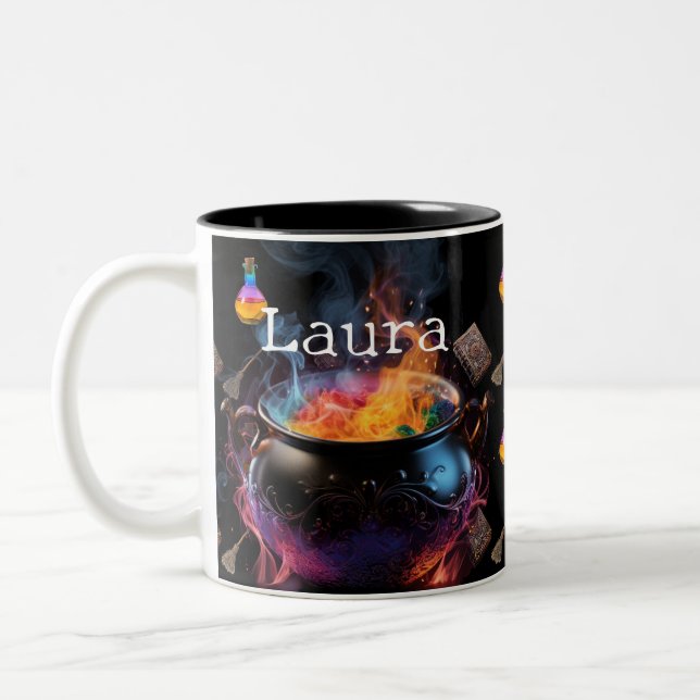 Cauldron with Book, Broom & Potion Two-Tone Coffee Mug (Left)