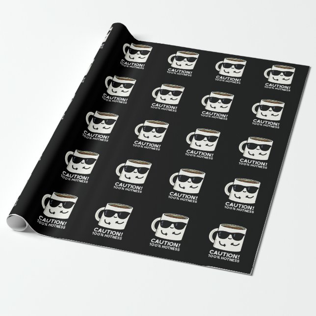 Caution 100% Hotness Funny Coffee Pun Dark BG Wrapping Paper (Unrolled)