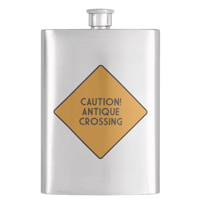 Caution! Antique Crossing Hip Flask (Front)