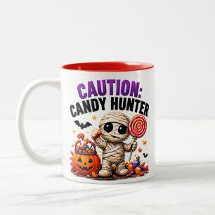 Caution Candy Hunter Funny Halloween Mummy Quote Two-Tone Coffee Mug