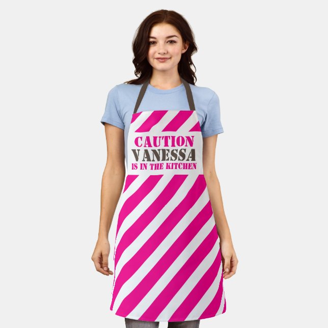 Caution custom name in the kitchen pink stripe apron (Worn)