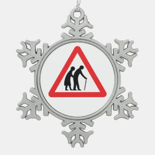 CAUTION Elderly People - UK Traffic Sign Snowflake Pewter Christmas Ornament