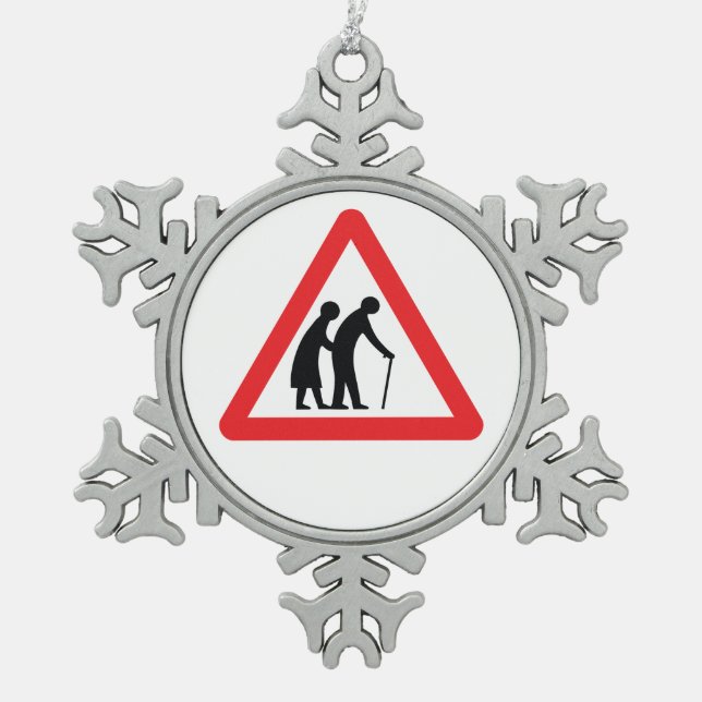 CAUTION Elderly People - UK Traffic Sign Snowflake Pewter Christmas Ornament (Front)