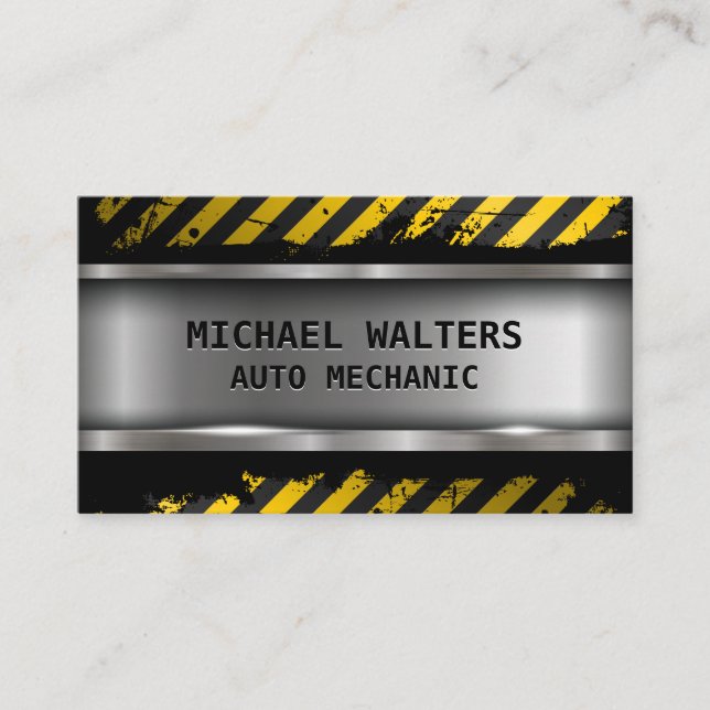 Caution Grunge | Metallic Steel Brushed Business Card (Front)