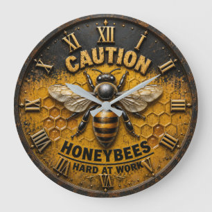 Caution Honeybees Hard at Work Rustic Beekeeper Large Clock