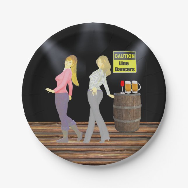 Caution Line Dancers Women On Dance Floor Party Paper Plate (Front)