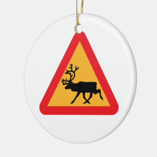 Caution Reindeer Swedish Traffic Sign Ceramic Tree Decoration