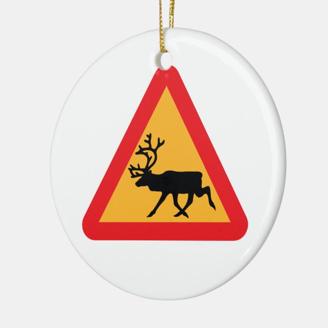 Caution Reindeer Swedish Traffic Sign Ceramic Tree Decoration (Left)