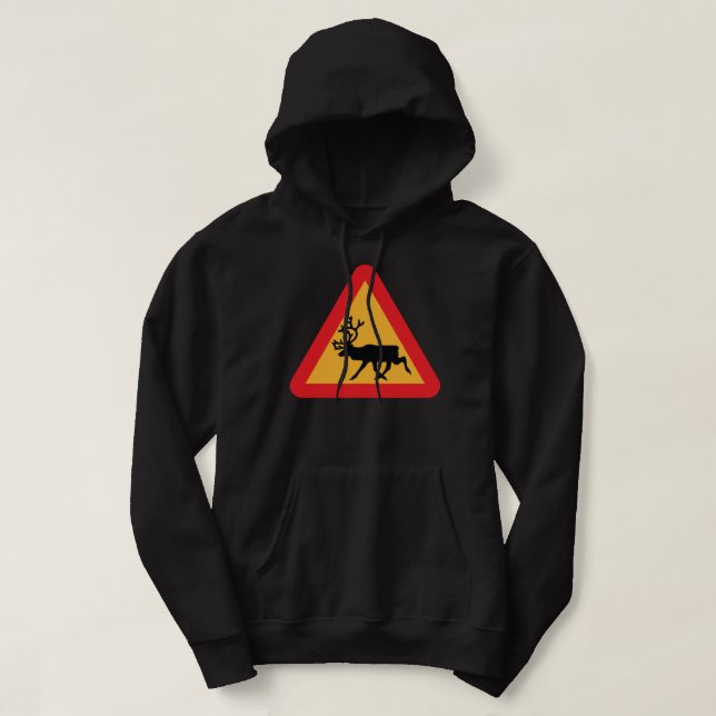 Caution Reindeer Swedish Traffic Sign Hoodie (Design Front)