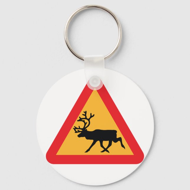 Caution Reindeer Swedish Traffic Sign Key Ring (Front)