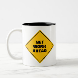 Caution road work sign yellow net work ahead   Two-Tone coffee mug