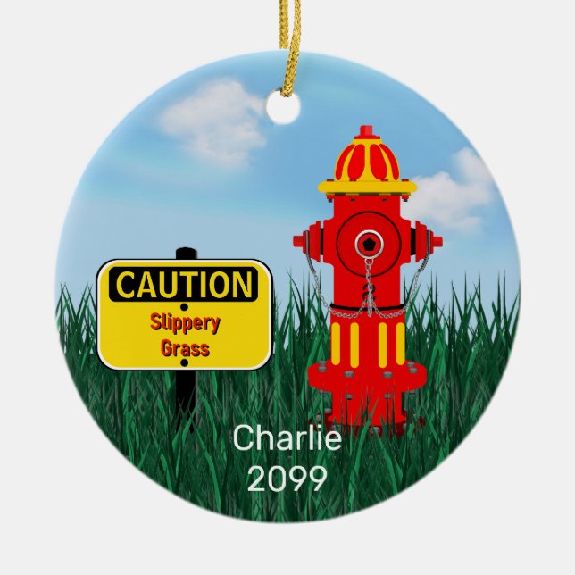 Caution Slippery Grass Dog Puppy Fire Hydrant  Cer Ceramic Tree Decoration (Front)