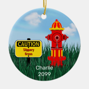 Caution Slippery Grass Dog Puppy Fire Hydrant Ceramic Tree Decoration