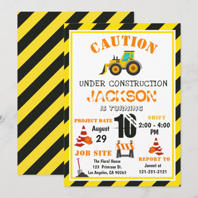 Caution Under Construction Dump the Truck Birthday Invitation (Front/Back)