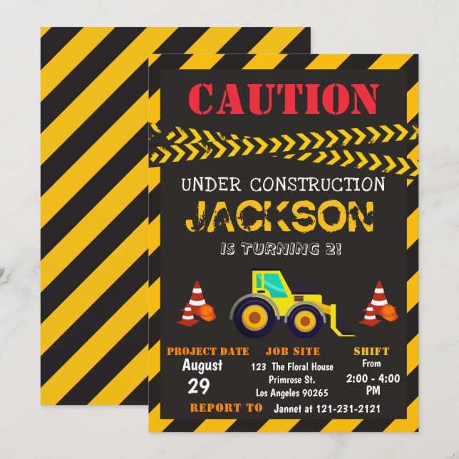 Caution Under Construction Dump Truck Birthday Invitation (Front/Back)