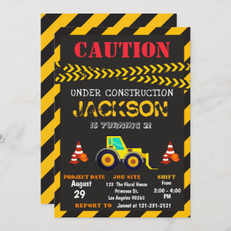 Caution Under Construction Dump Truck Birthday Invitation