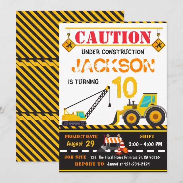 Caution Under Construction Dump Truck Boy Birthday Invitation (Front/Back)