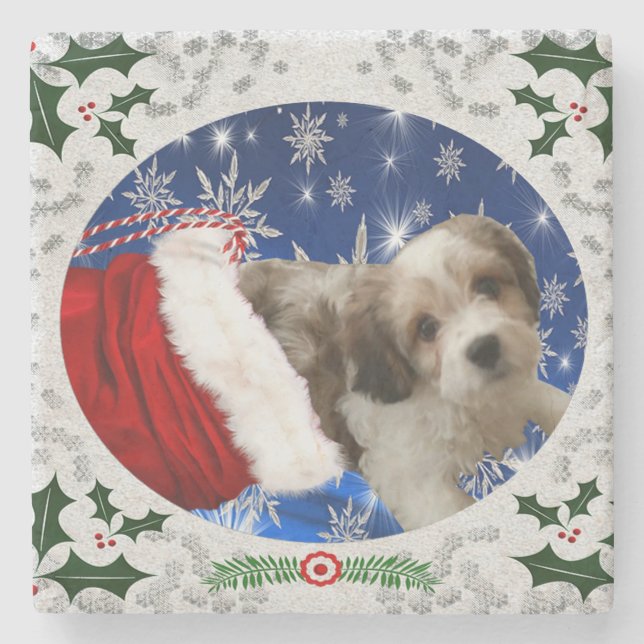 Cavachon Coaster, Christmas Dog Stone Coaster (Front)