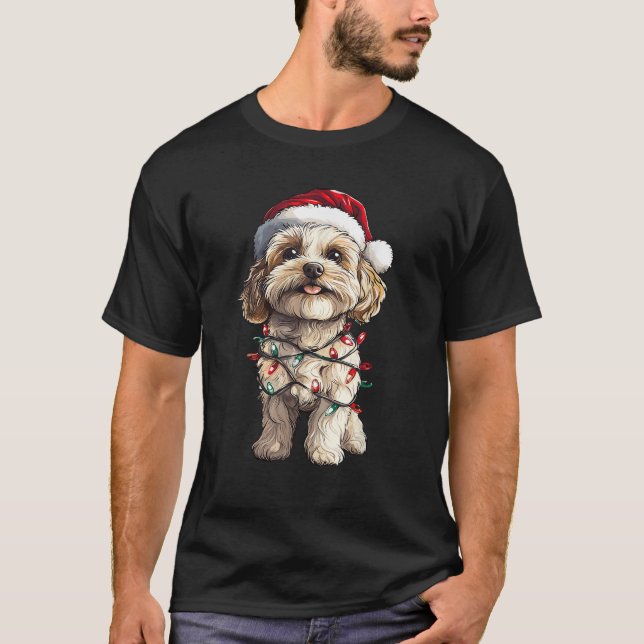 Cavachon Santa Christmas Tree Lights Xmas Dog Love T-Shirt (Front)
