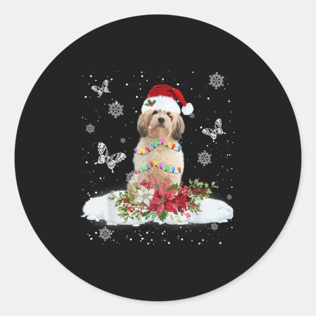Cavachon Snowly Christmas Tree Lights Pajama Dog X Classic Round Sticker (Front)