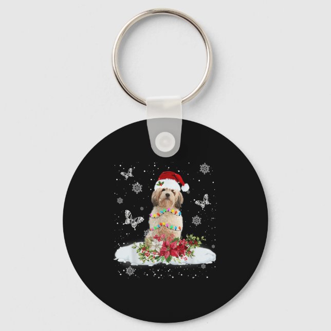 Cavachon Snowly Christmas Tree Lights Pajama Dog X Key Ring (Front)